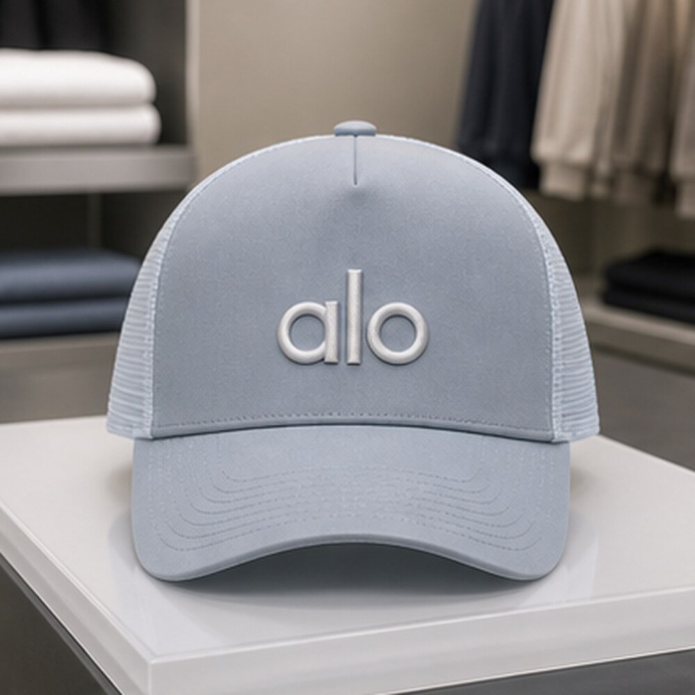 ALO Yoga Mist Blue Gray Pilates Mesh Trucker Cap Hat OS